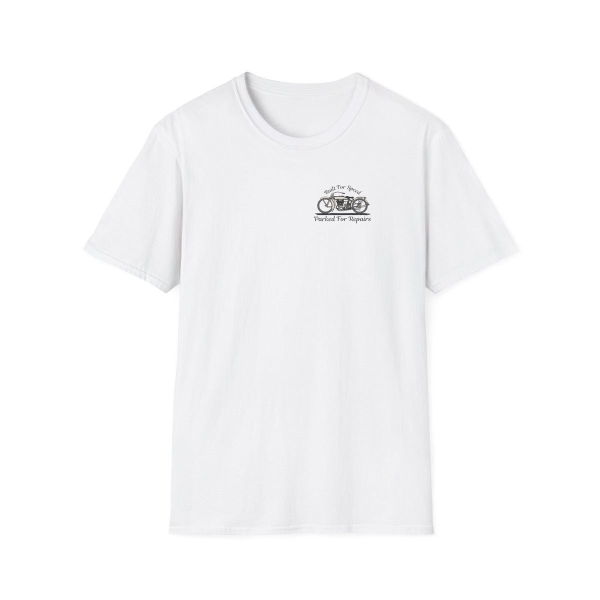 Motorbike T-shirt with 'Built for speed, Parked for repairs' Small Logo