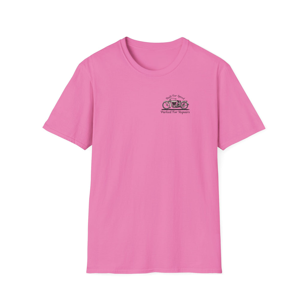 Motorbike T-shirt with 'Built for speed, Parked for repairs' Small Logo