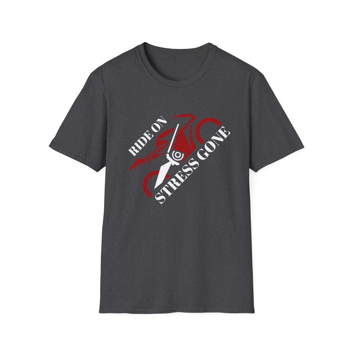 Motorbike T-shirt with 'Ride On, Stress Gone' (Angled)