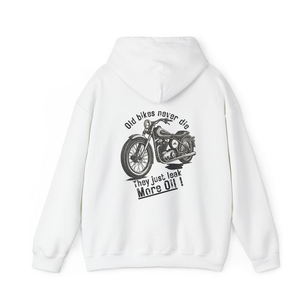 Unisex Heavy Blend™ Hooded Sweatshirt (Old Bikes Never Die, They Just Leak More Oil) Back