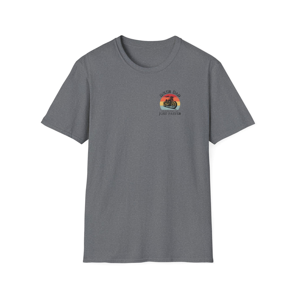 Motorbike T-shirt with 'Biker dad, Like a normal dad, Just faster' (Small Logo)