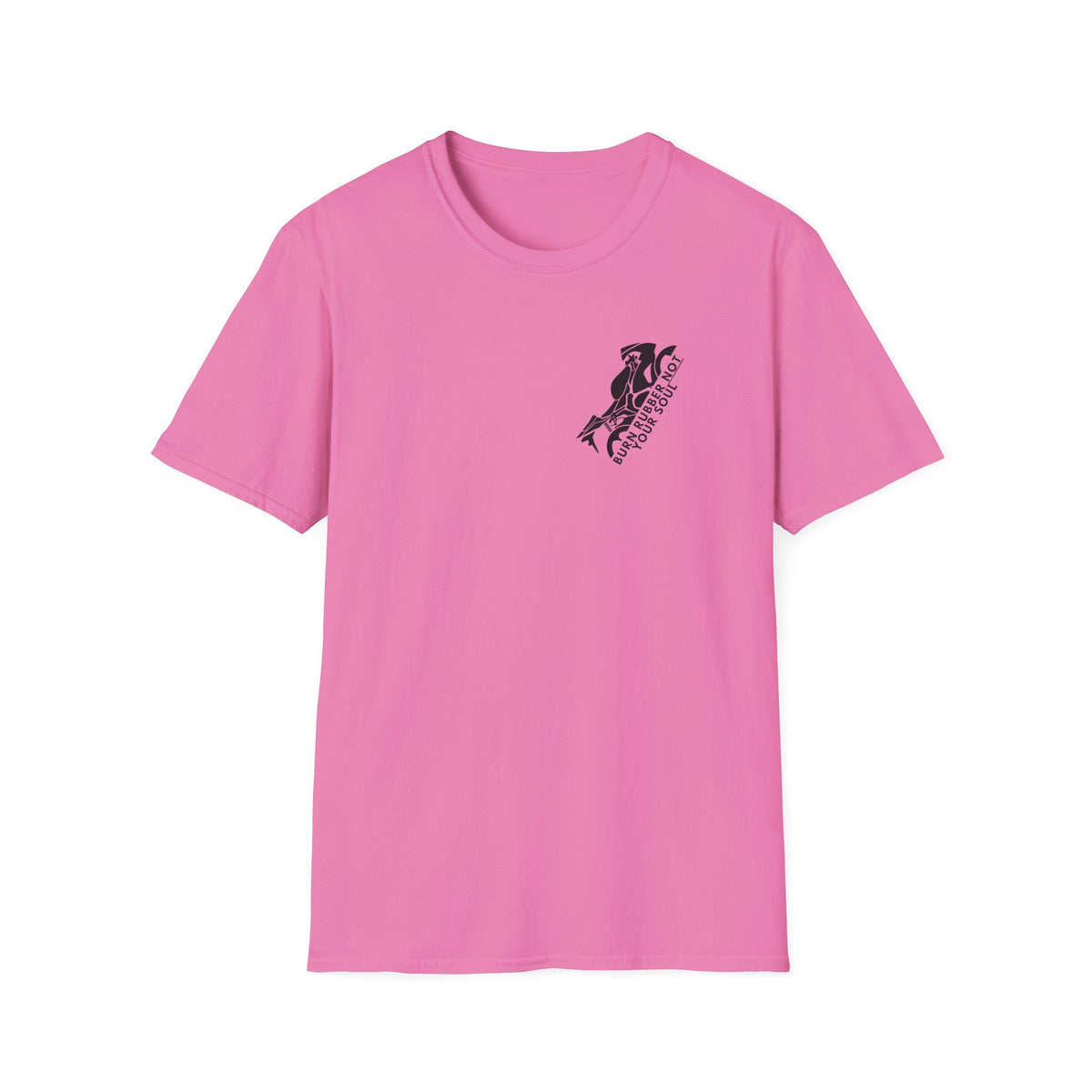 Motorbike T-shirt with 'Burn Rubber, Not your Soul' (1) Small Logo