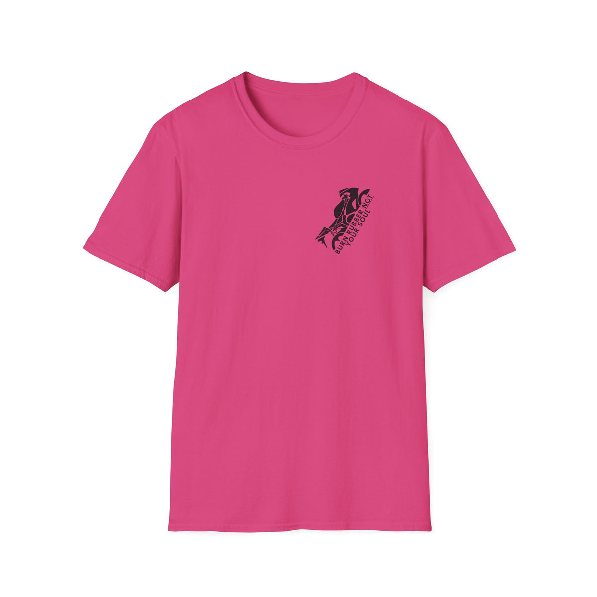 Motorbike T-shirt with 'Burn Rubber, Not your Soul' (1) Small Logo