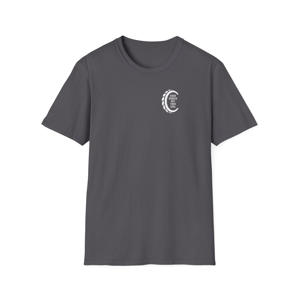 Motorbike T-shirt with 'Burn Rubber, Not your Soul' (4) Small Logo