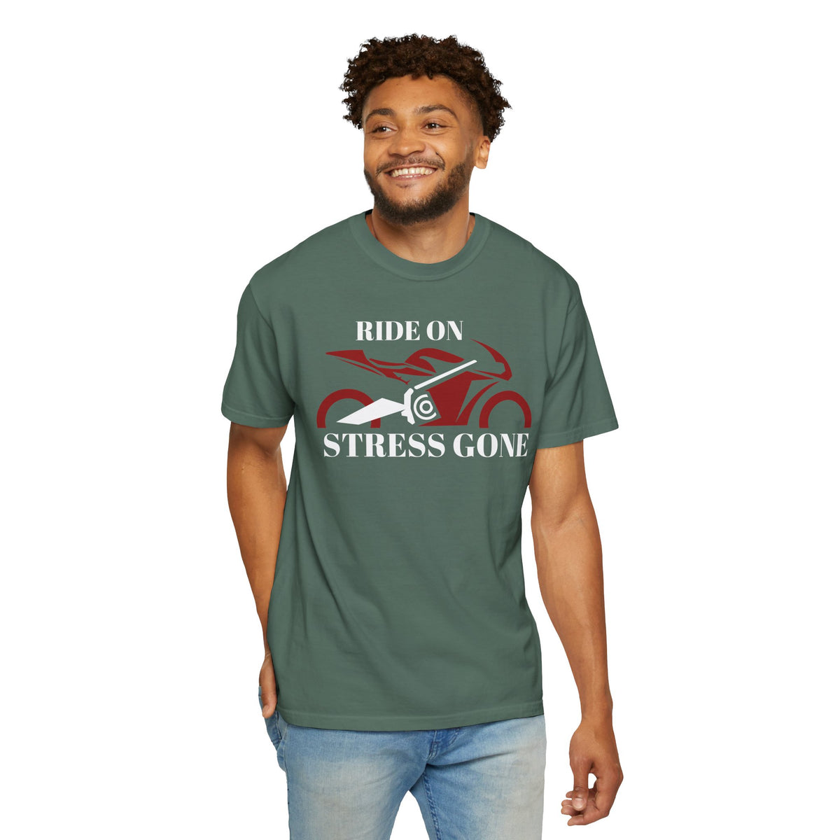 Non UK Sales Motorbike t-shirt  (Ride on, Stress gone)  R/B