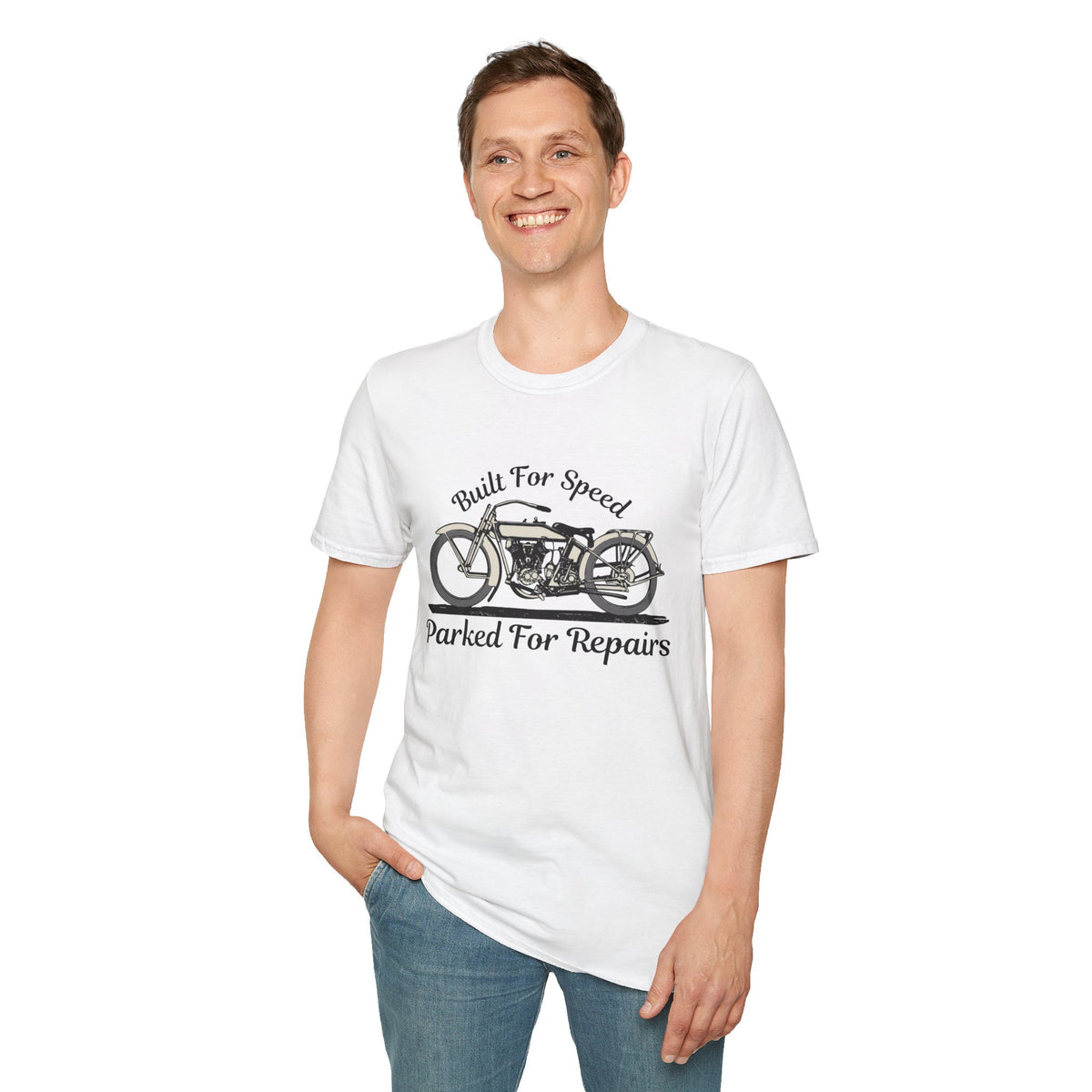Motorbike T-shirt with 'Built for speed, Parked for repairs'