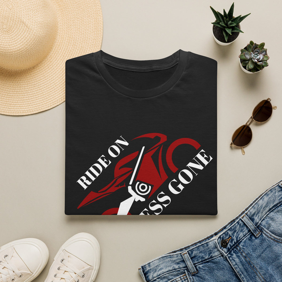 Motorbike T-shirt with 'Ride On, Stress Gone' (Angled)