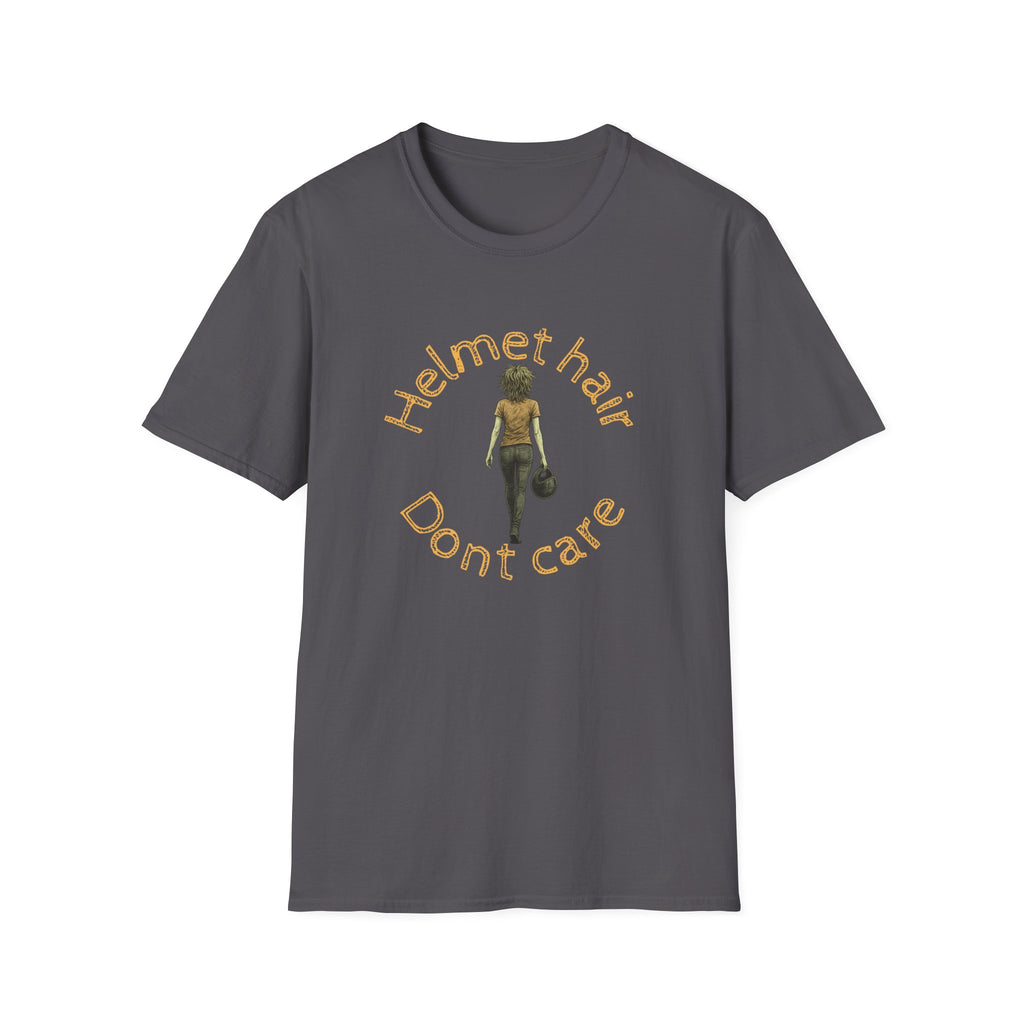 Motorbike T-shirt with 'Helmet hair, Dont care' (Coloured)
