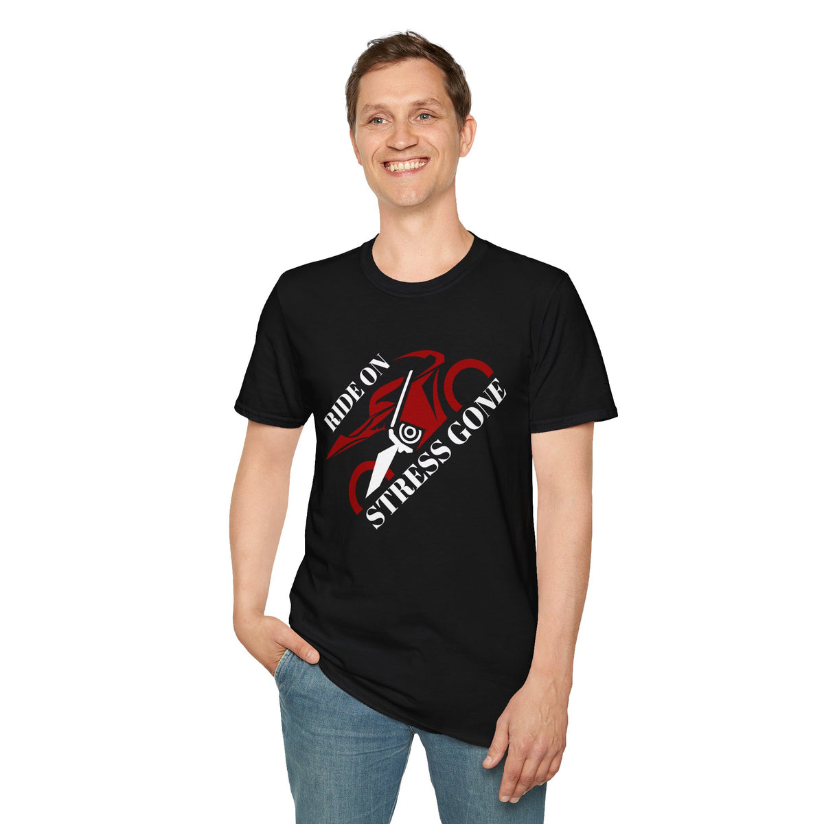 Motorbike T-shirt with 'Ride On, Stress Gone' (Angled)