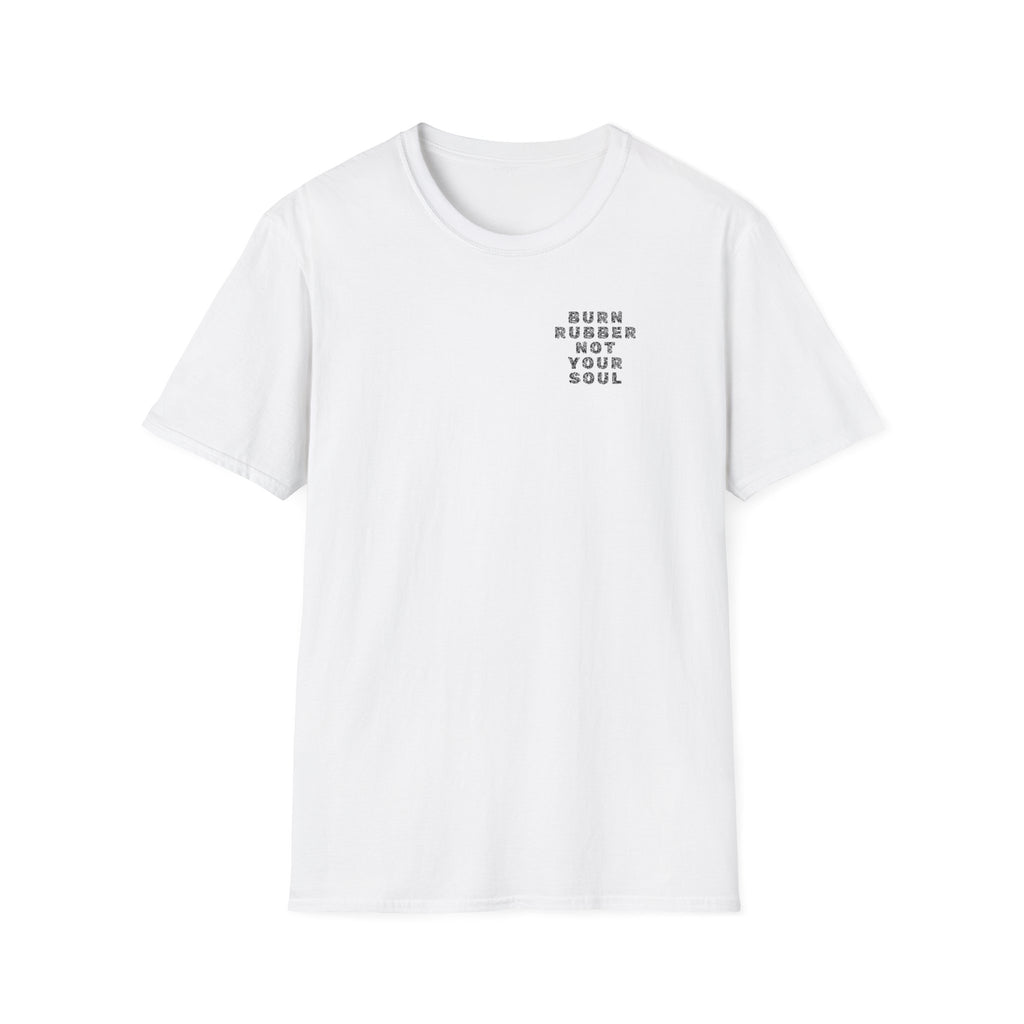 Motorbike T-shirt with 'Burn Rubber, Not your Soul' (2) Small Logo