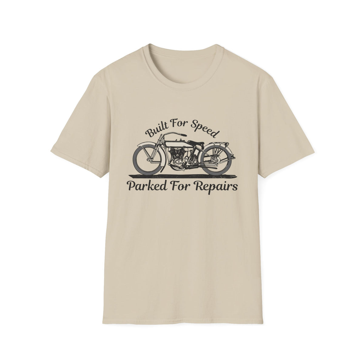 Motorbike T-shirt with 'Built for speed, Parked for repairs'