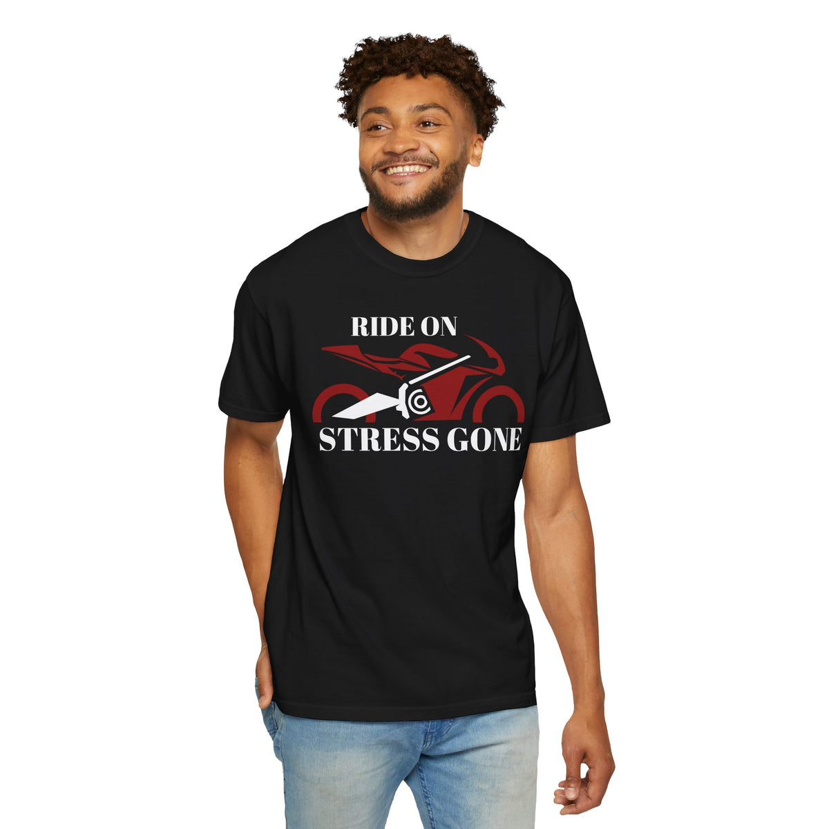 Non UK Sales Motorbike t-shirt  (Ride on, Stress gone)  R/B