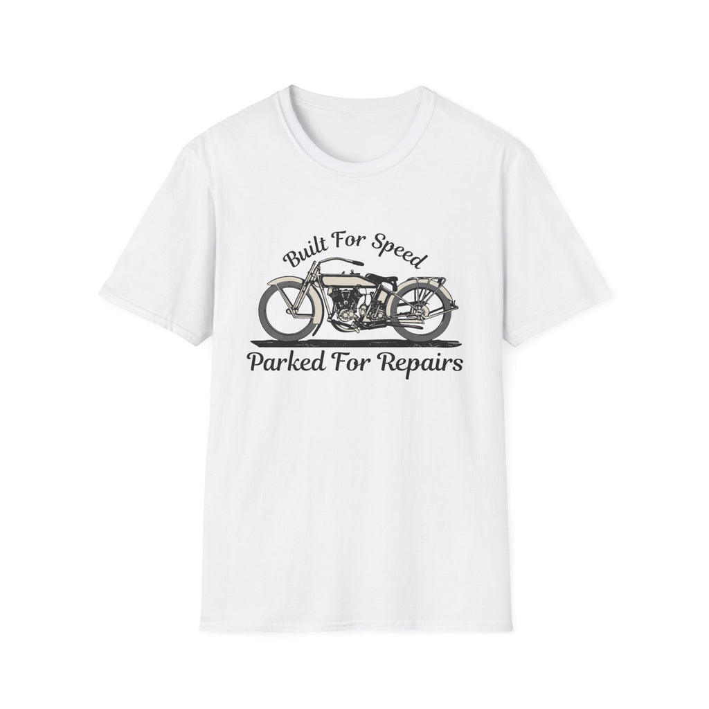 Motorbike T-shirt with 'Built for speed, Parked for repairs'