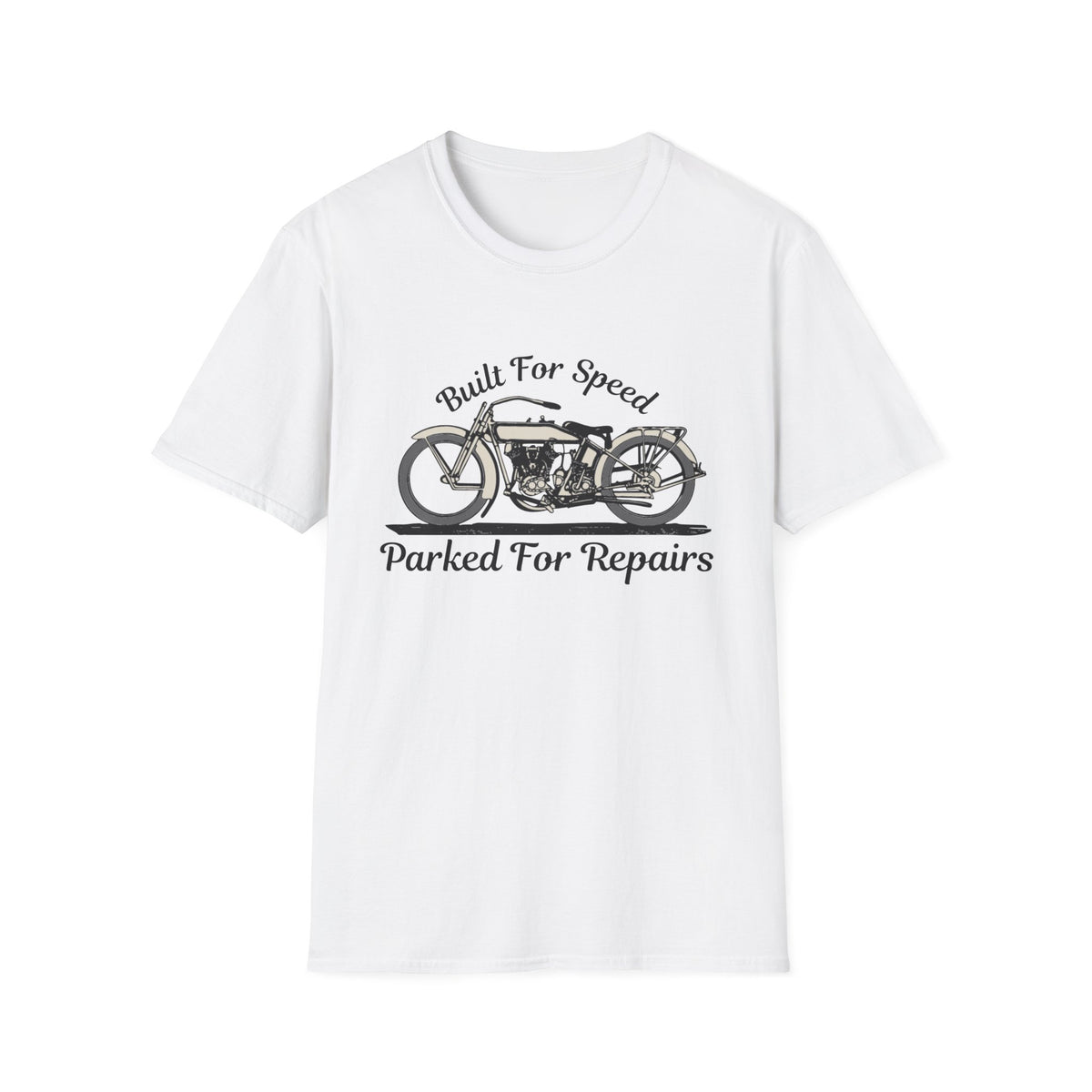 Motorbike T-shirt with 'Built for speed, Parked for repairs'