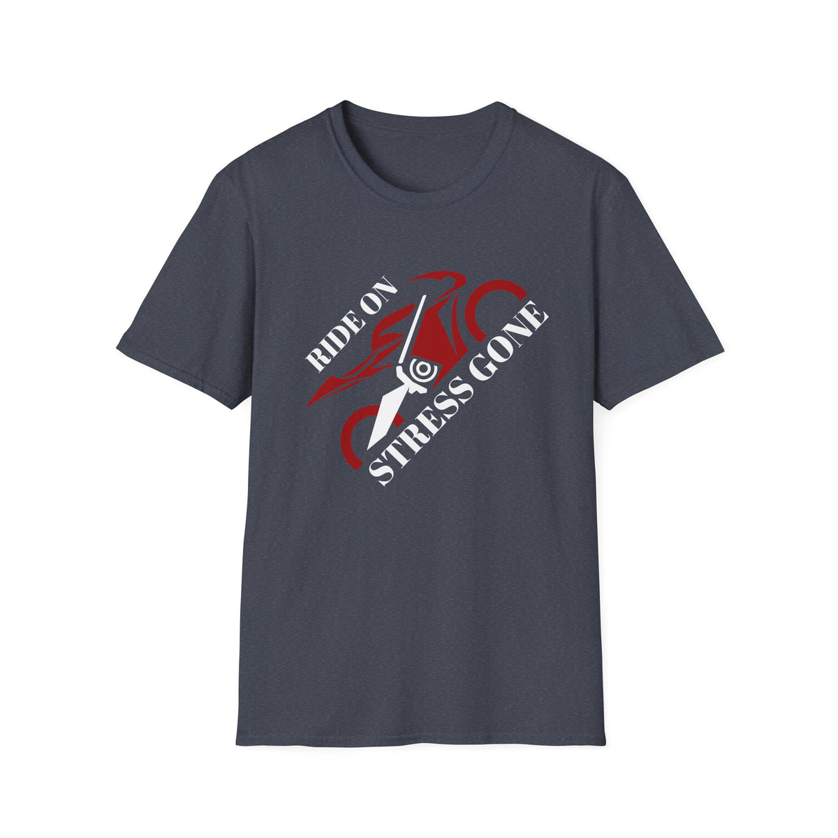 Motorbike T-shirt with 'Ride On, Stress Gone' (Angled)