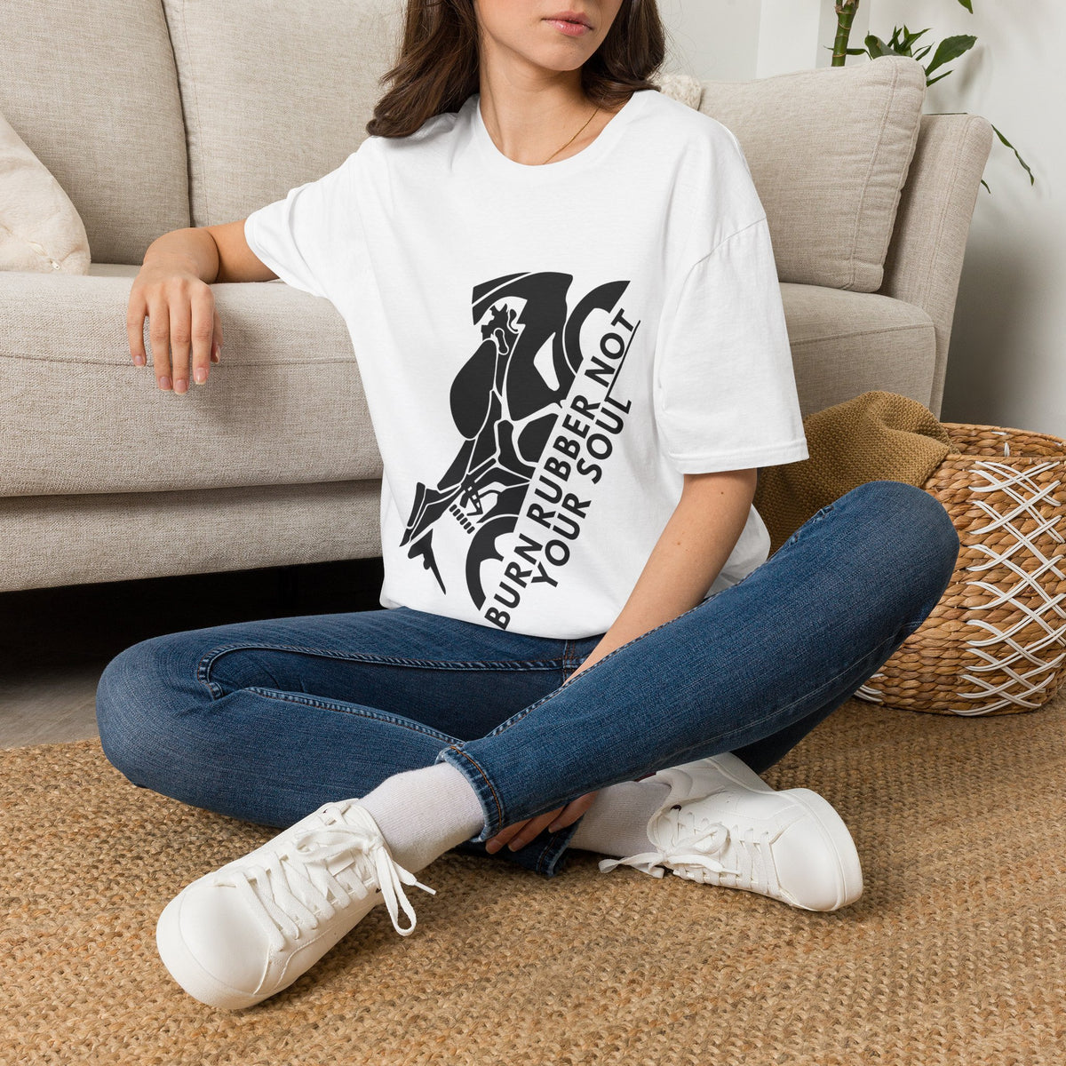 Motorbike T-shirt with 'Burn Rubber, Not your Soul' (1)