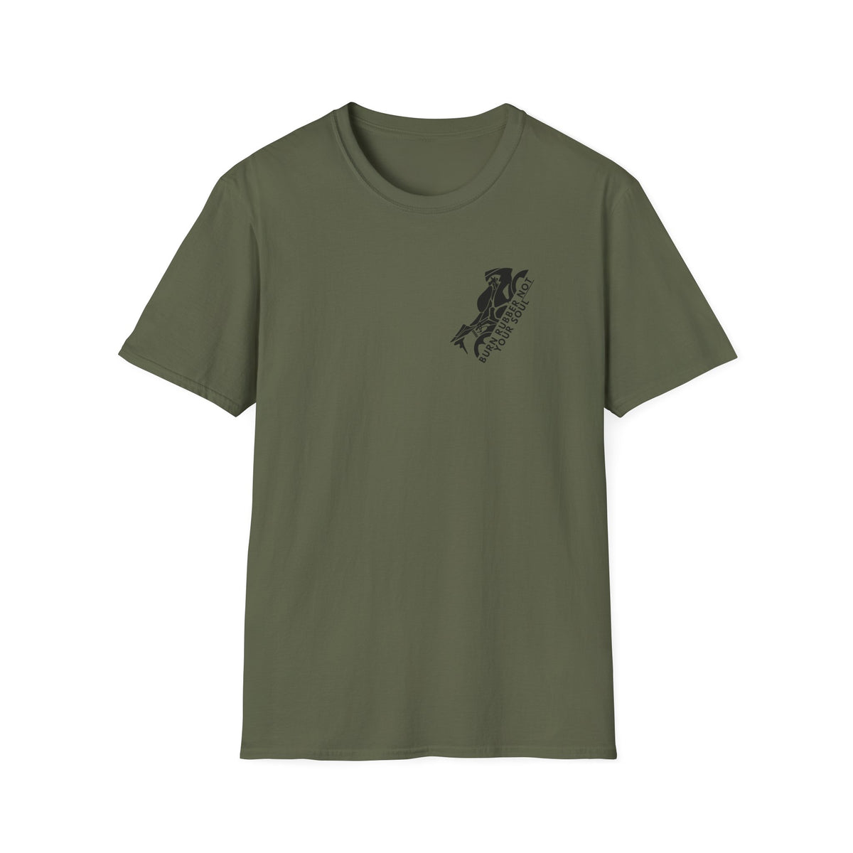 Motorbike T-shirt with 'Burn Rubber, Not your Soul' (1) Small Logo