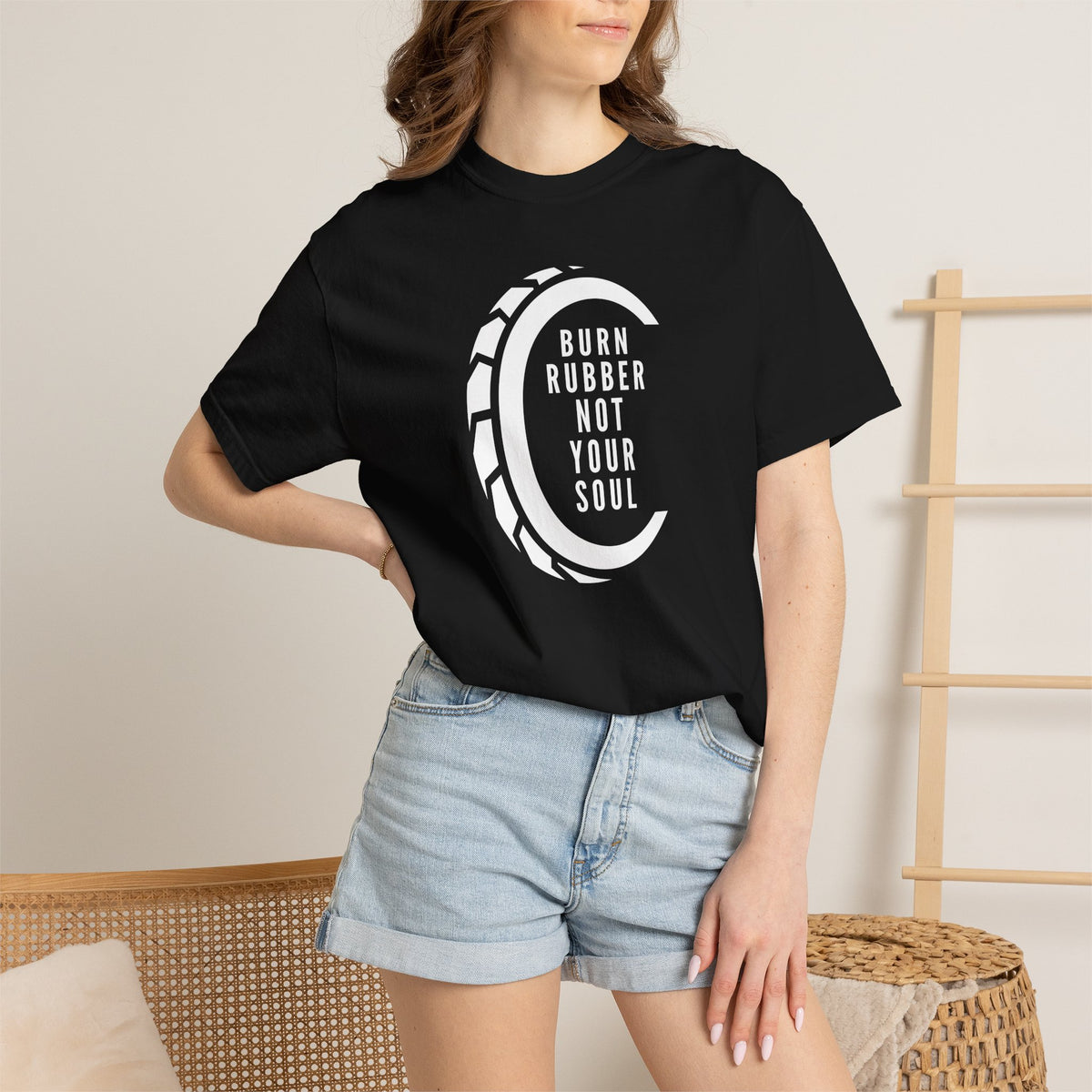 Non UK Sales Motorbike t-shirt  (Burn rubber, Not your soul) Words W/B