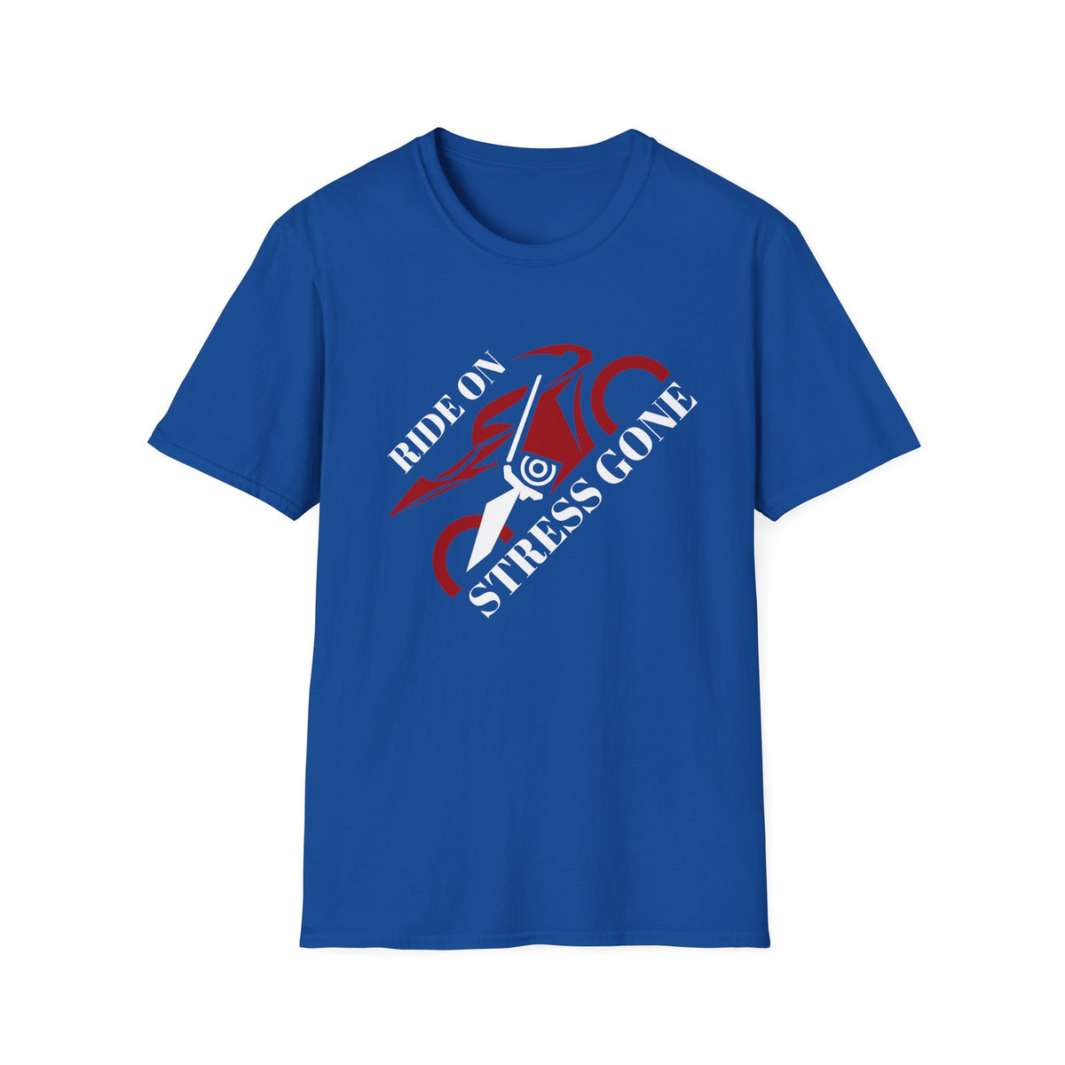 Motorbike T-shirt with 'Ride On, Stress Gone' (Angled)