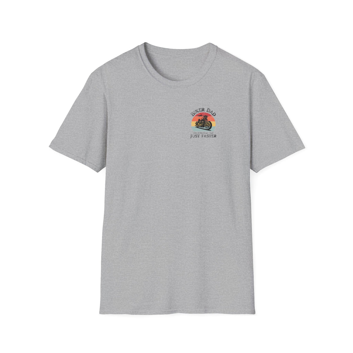 Motorbike T-shirt with 'Biker dad, Like a normal dad, Just faster' (Small Logo)