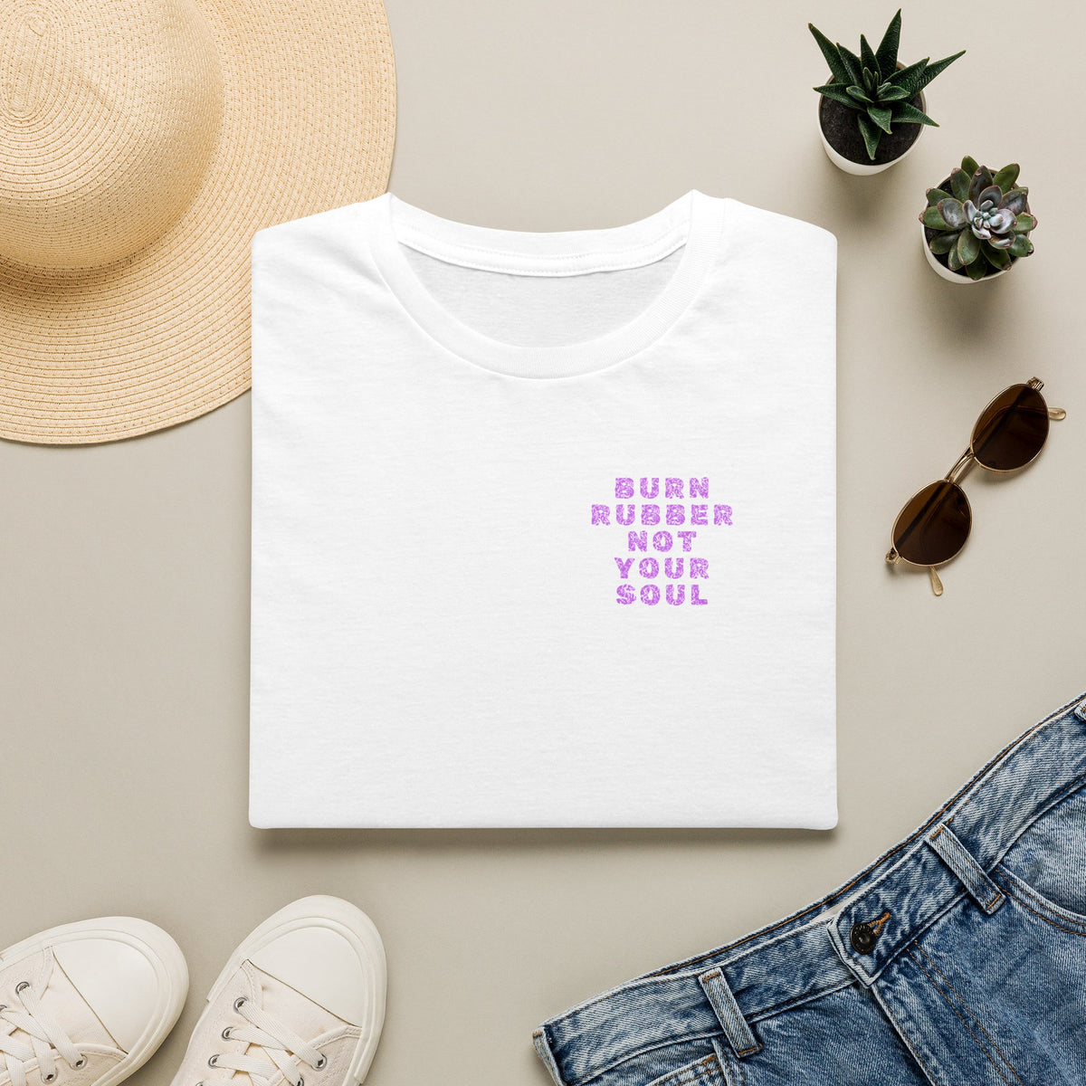 Motorbike T-shirt with 'Burn Rubber, Not your Soul' (3) Small Logo