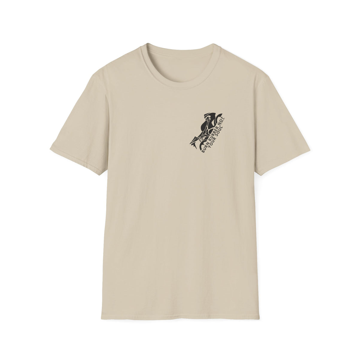 Motorbike T-shirt with 'Burn Rubber, Not your Soul' (1) Small Logo