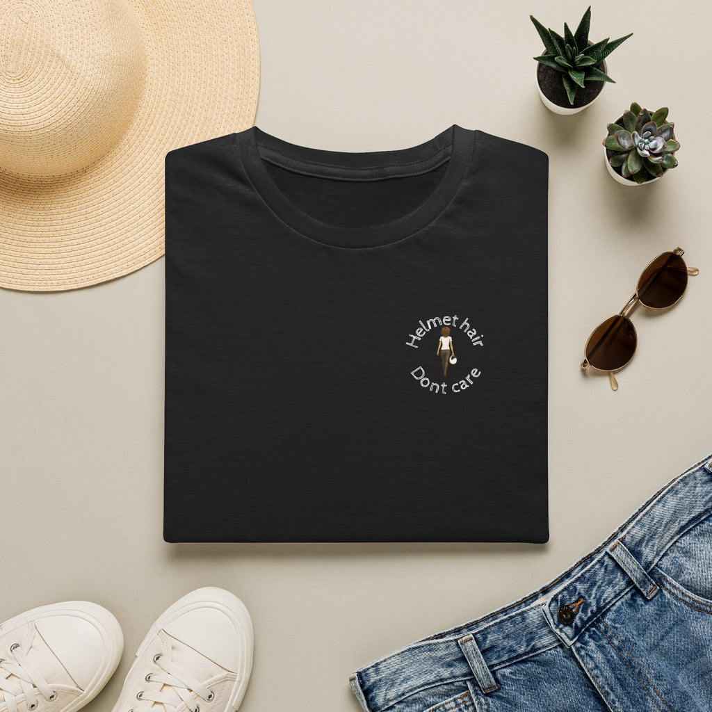 Motorbike T-shirt with 'Helmet hair, Dont care' Small Logo