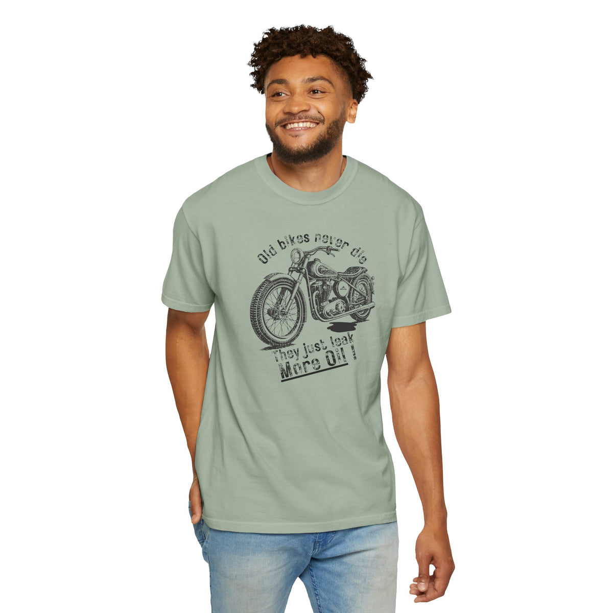 Non UK Sales Motorbike t-shirt (Old bikes never die, They just leak more oil)  B/W