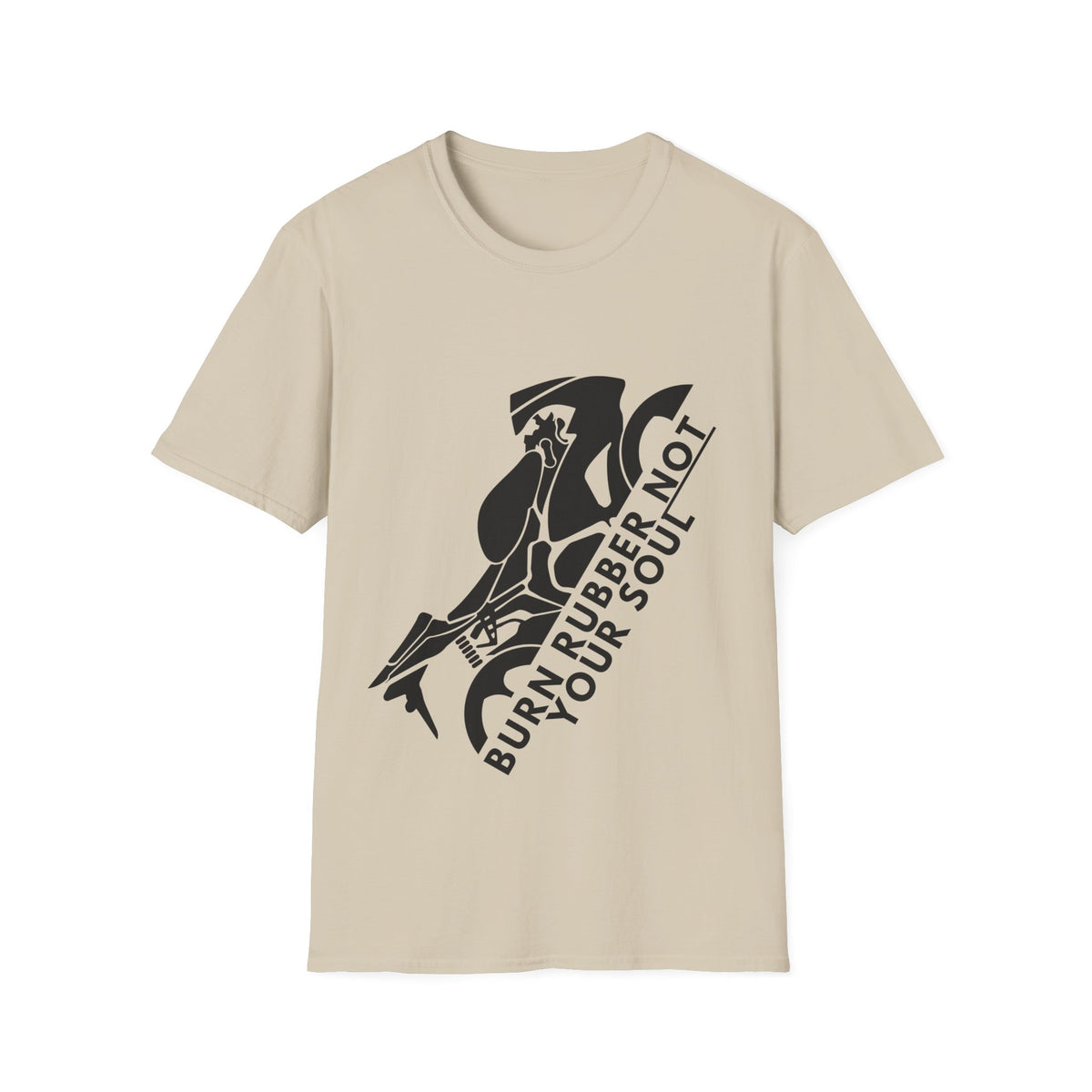 Motorbike T-shirt with 'Burn Rubber, Not your Soul' (1)