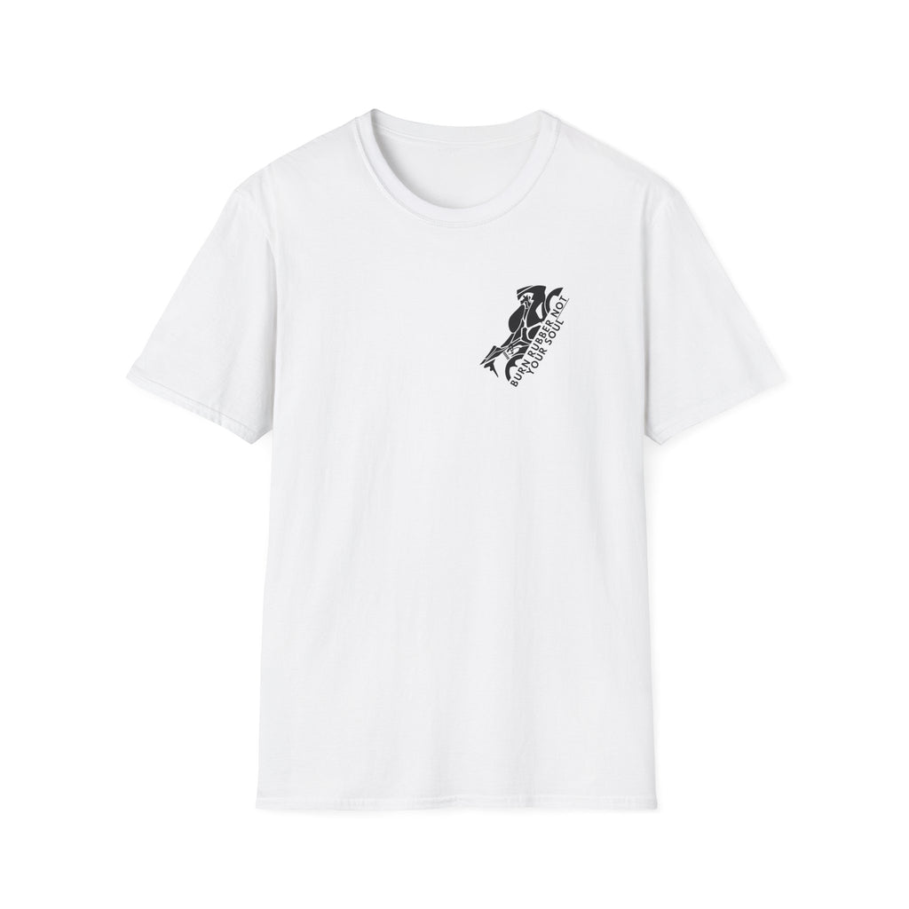 Motorbike T-shirt with 'Burn Rubber, Not your Soul' (1) Small Logo