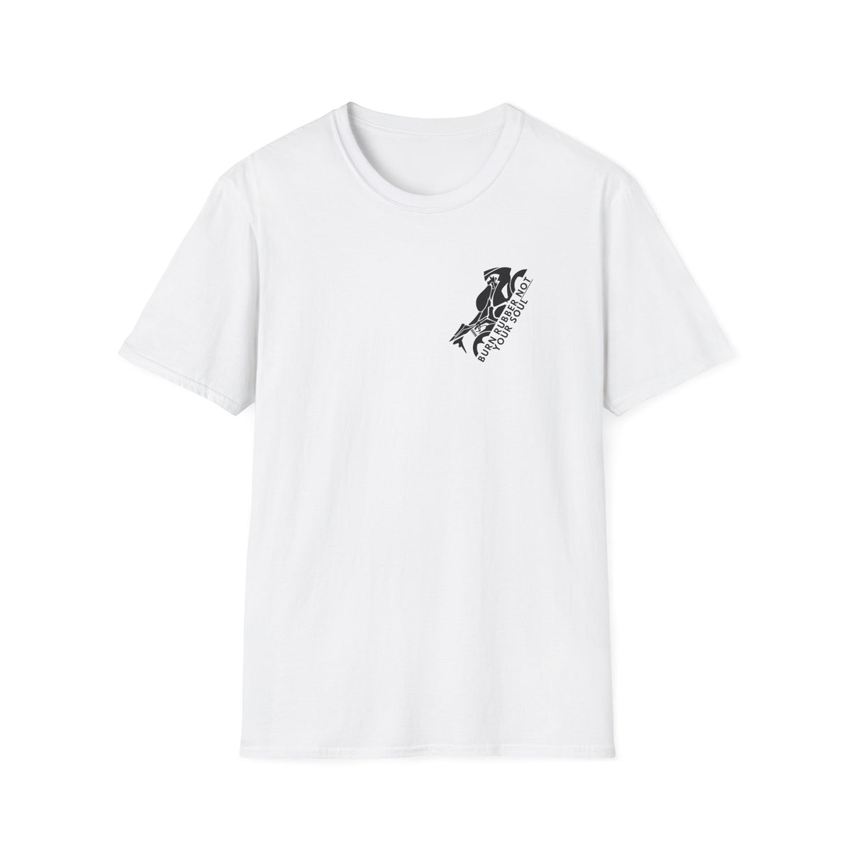 Motorbike T-shirt with 'Burn Rubber, Not your Soul' (1) Small Logo