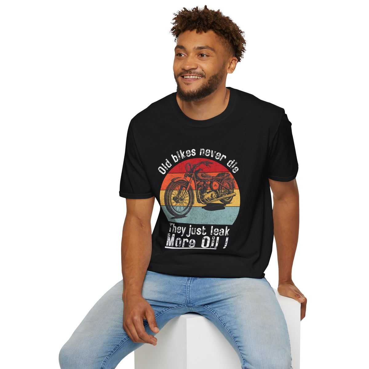 Motorbike T-shirt with 'Old bikes never die, they just leak more oil'