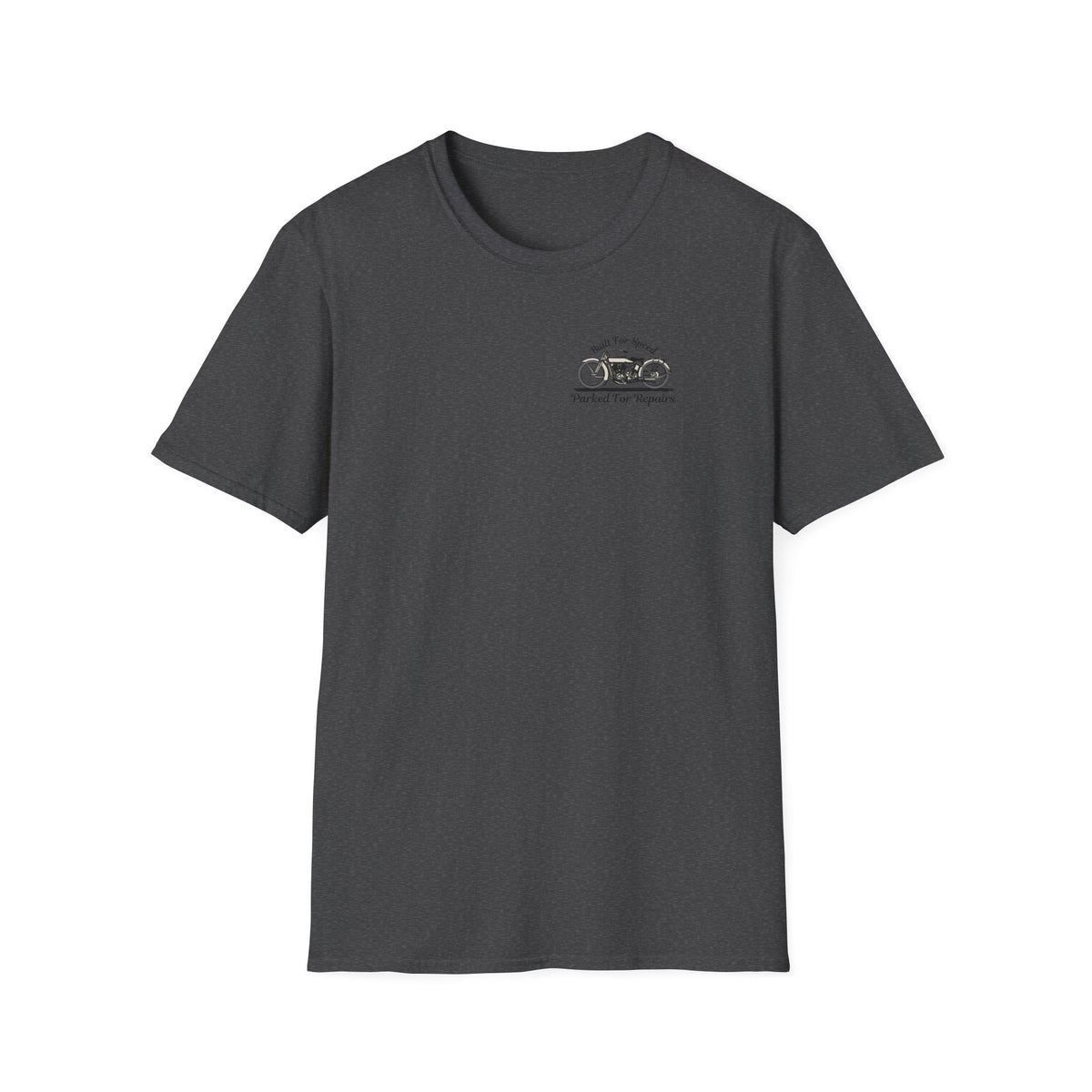 Motorbike T-shirt with 'Built for speed, Parked for repairs' Small Logo