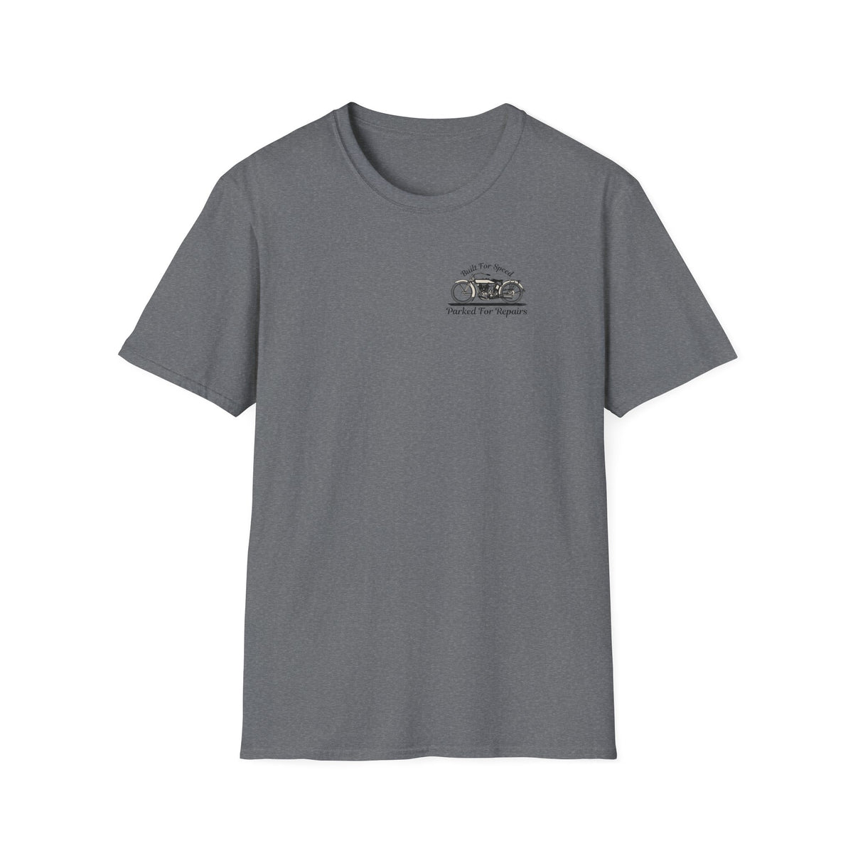 Motorbike T-shirt with 'Built for speed, Parked for repairs' Small Logo
