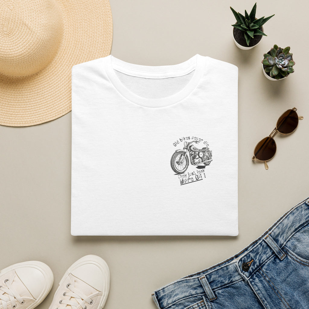 Motorbike T-shirt with 'Old bikes never die, they just leak more oil' (2) Small Logo