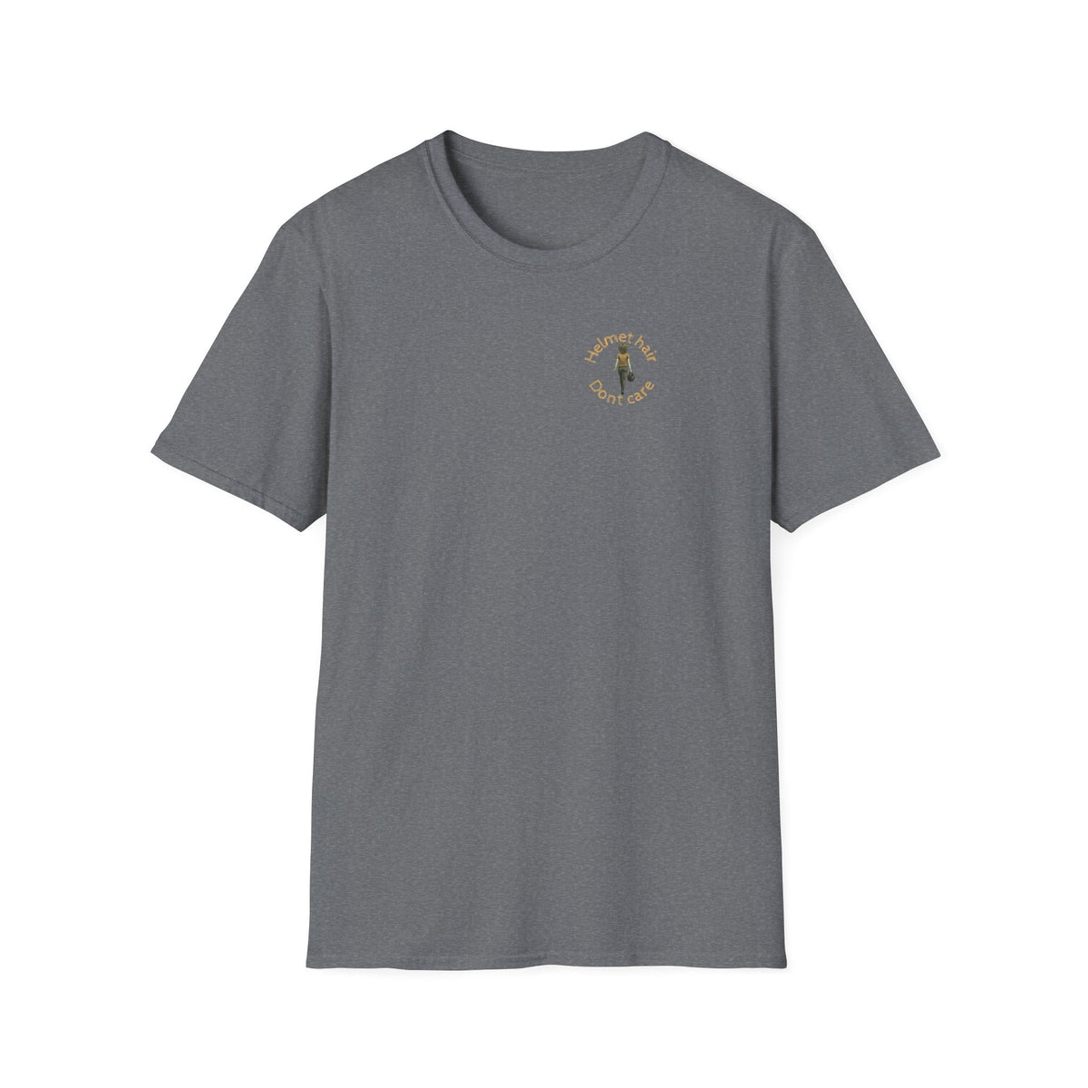 Motorbike T-shirt with 'Helmet hair, Dont care' (Coloured) Small Logo