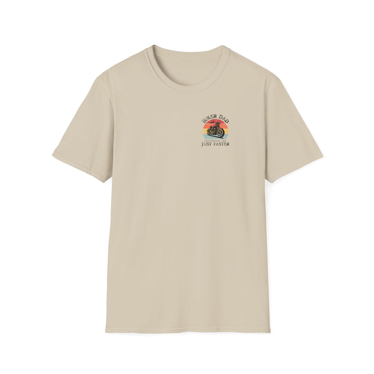 Motorbike T-shirt with 'Biker dad, Like a normal dad, Just faster' (Small Logo)