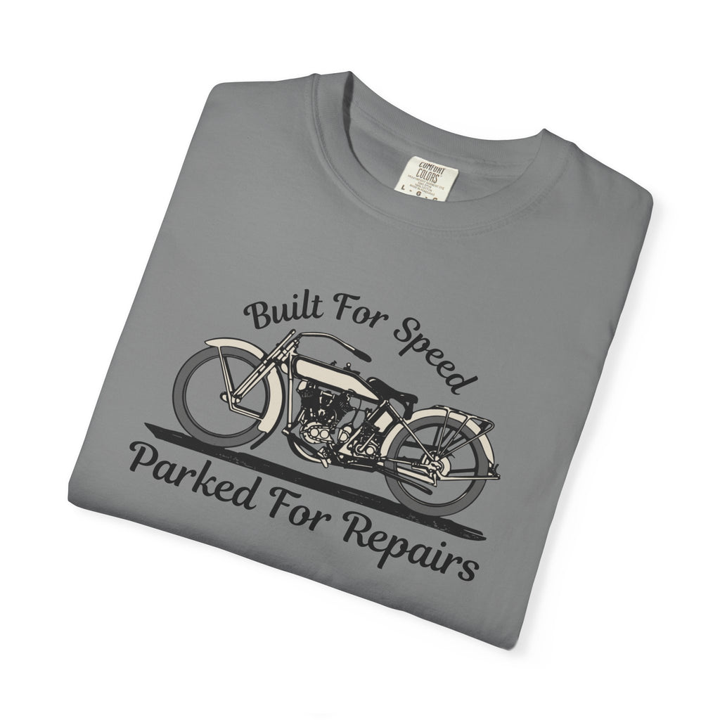 Non UK Sales Motorbike t-shirt  (Built for speed, Parked for repairs) B/W