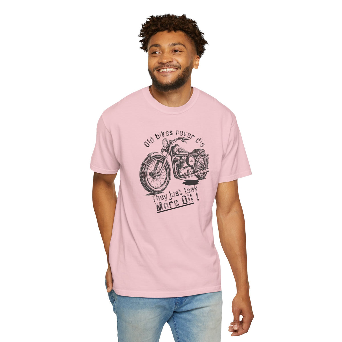 Non UK Sales Motorbike t-shirt (Old bikes never die, They just leak more oil)  B/W
