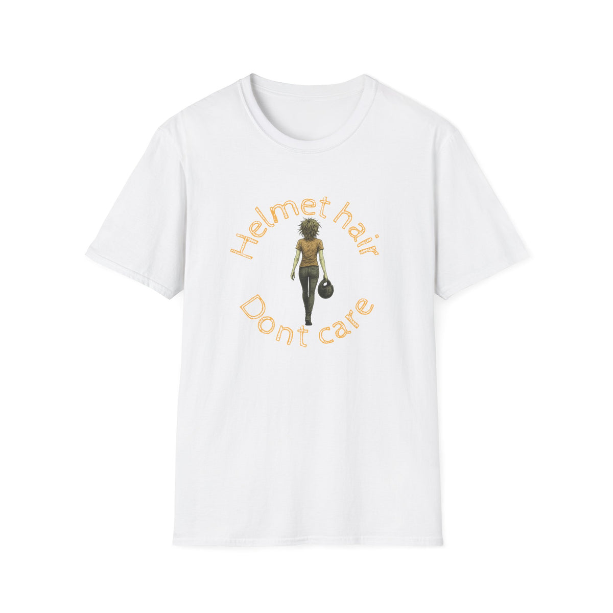 Motorbike T-shirt with 'Helmet hair, Dont care' (Coloured)
