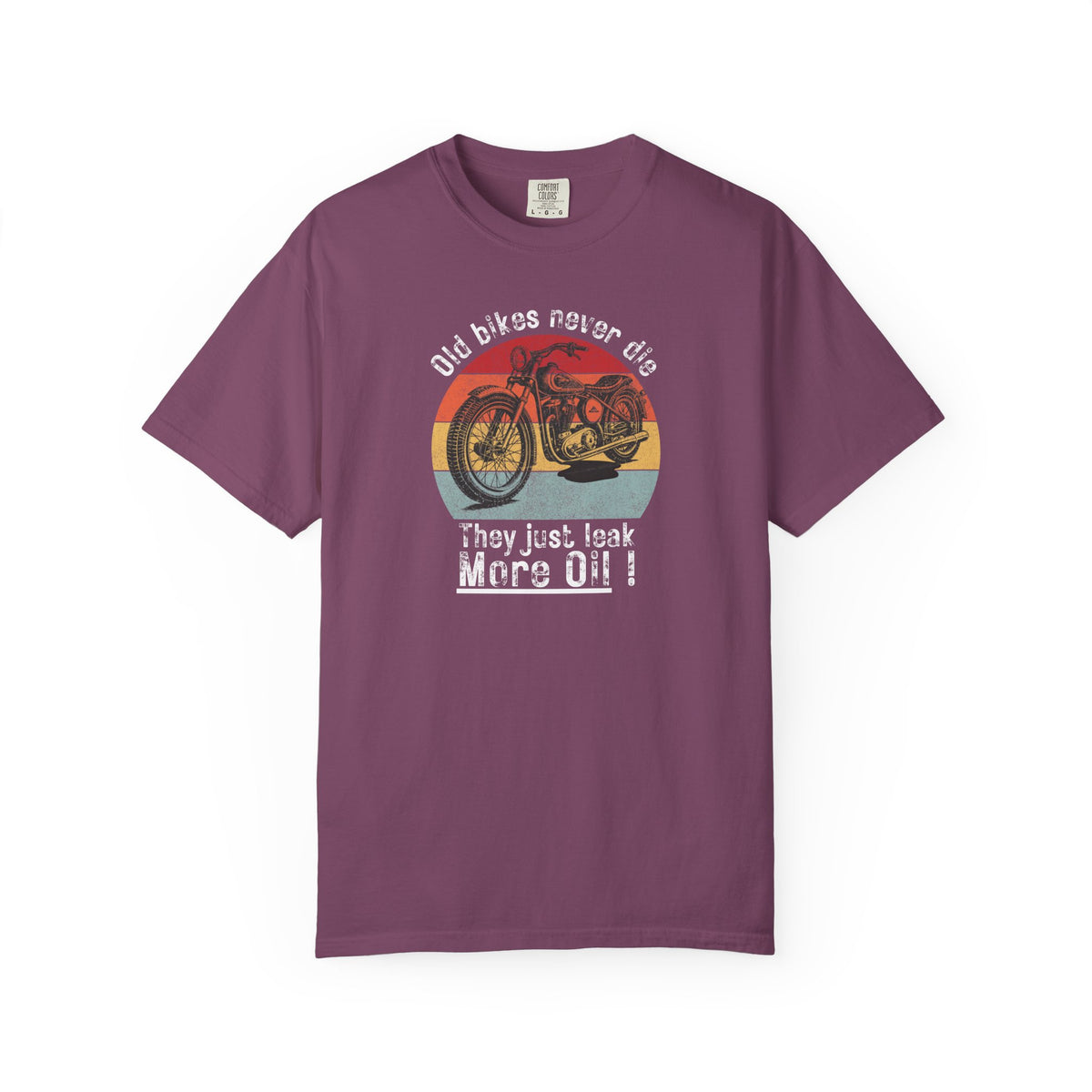 Non UK Sales Motorbike t-shirt (Old bikes never die, They just leak more oil)  W/B