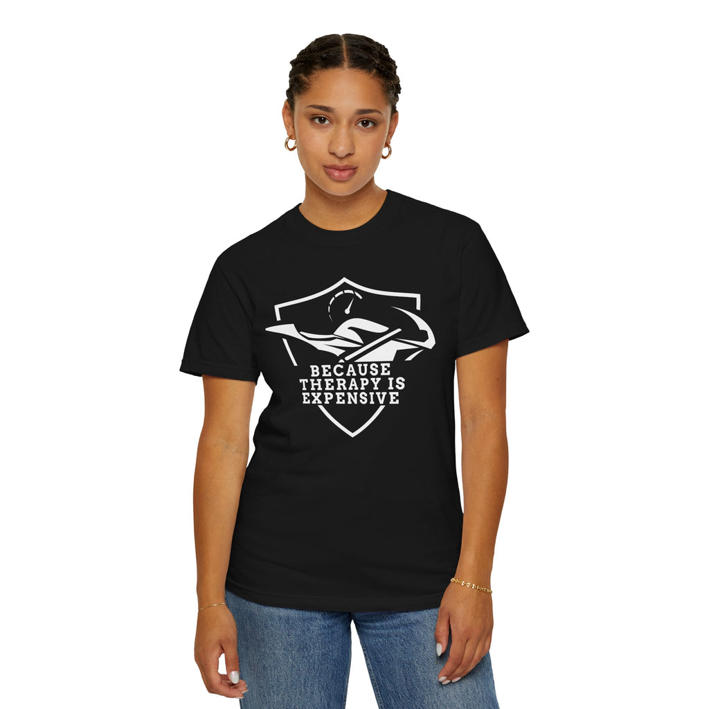 Non UK Sales Motorbike t-shirt  (Because Therapy is expensive) W/B