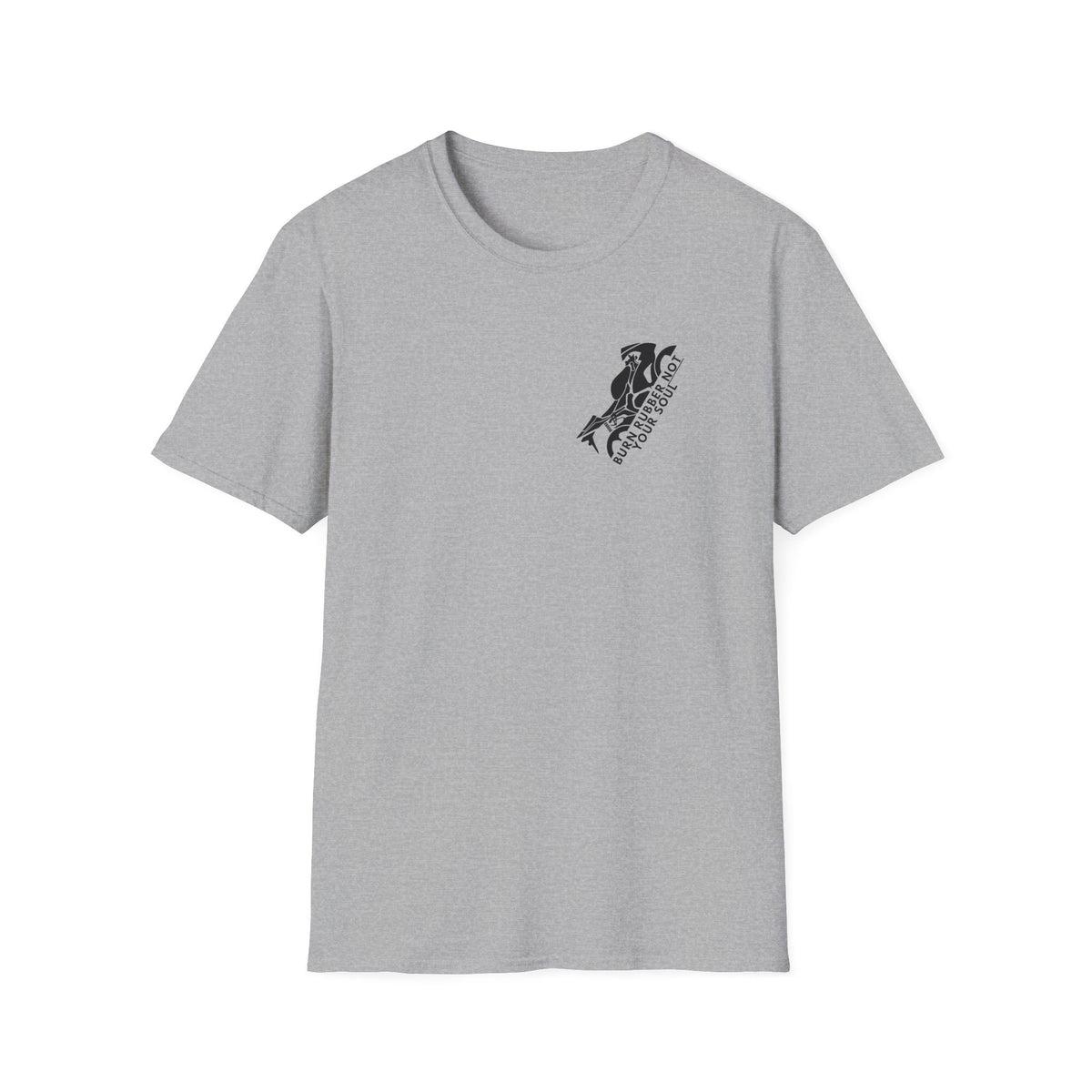 Motorbike T-shirt with 'Burn Rubber, Not your Soul' (1) Small Logo