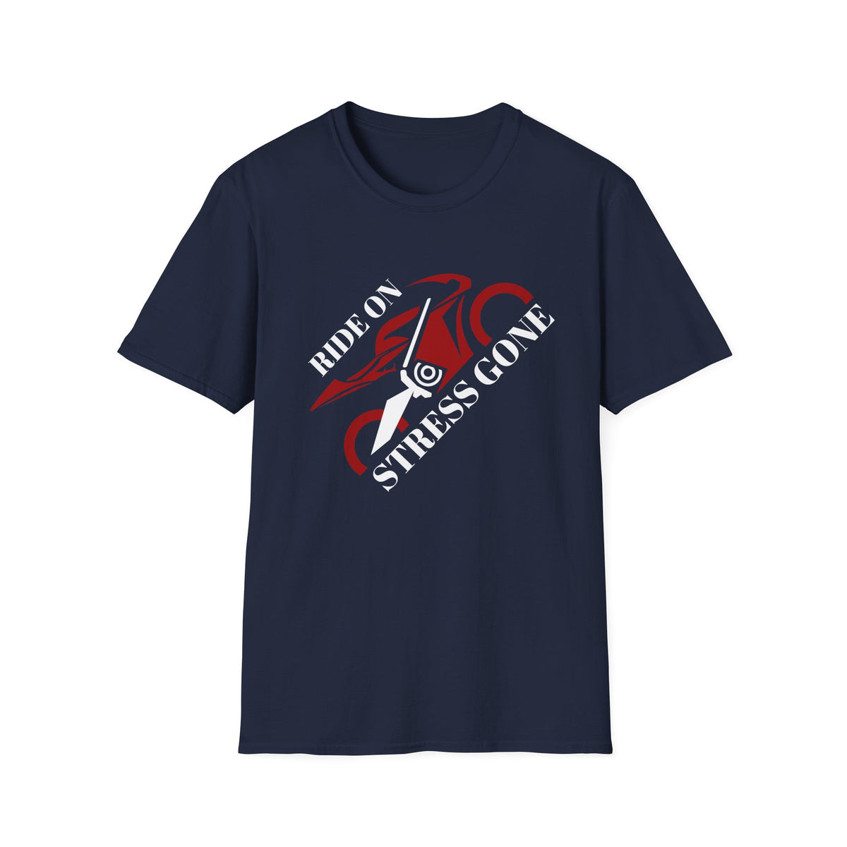 Motorbike T-shirt with 'Ride On, Stress Gone' (Angled)