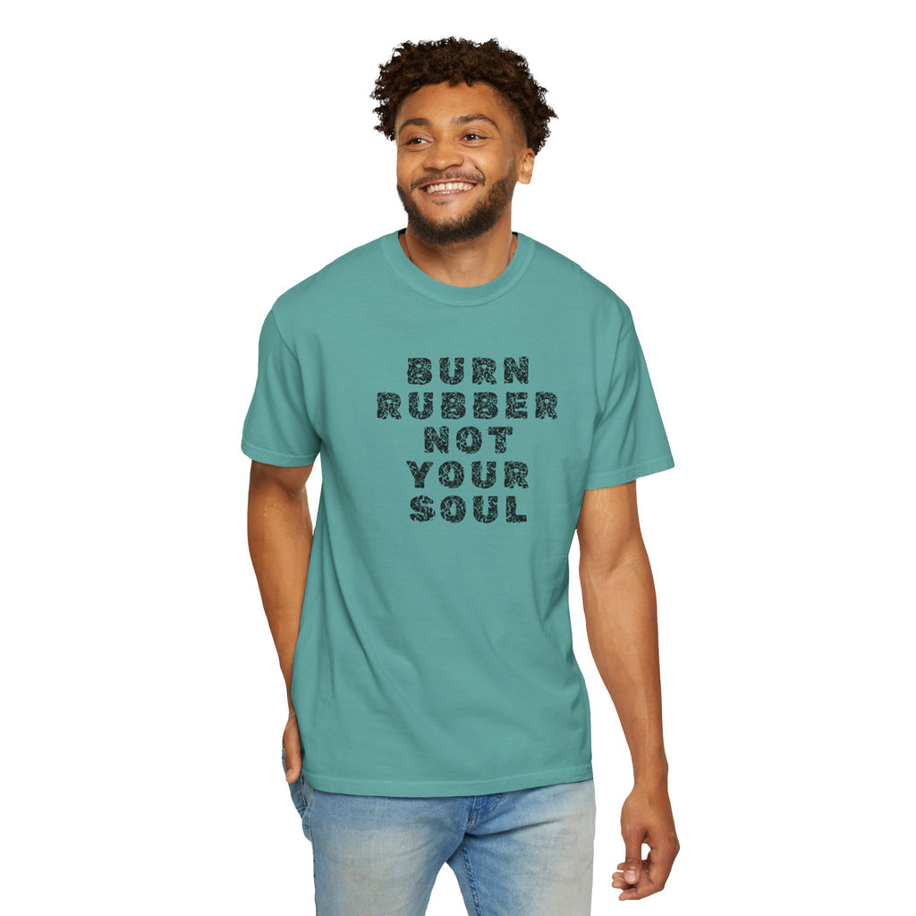 Non UK Sales Motorbike t-shirt  (Burn rubber, Not your soul) Words B/W