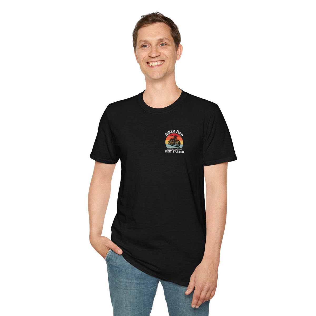 Motorbike T-shirt with 'Biker dad, Like a normal dad, Just faster' (2) Small Logo