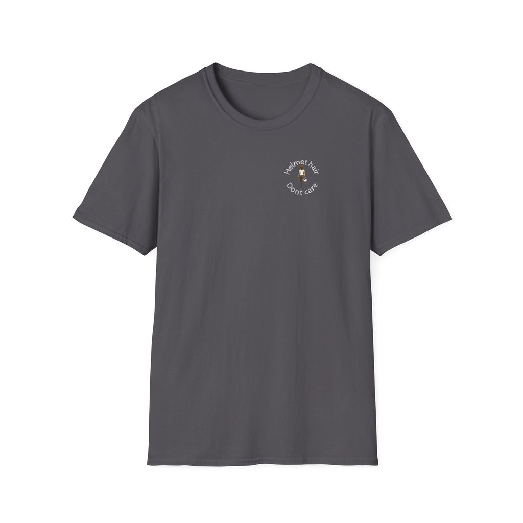 Motorbike T-shirt with 'Helmet hair, Dont care' Small Logo