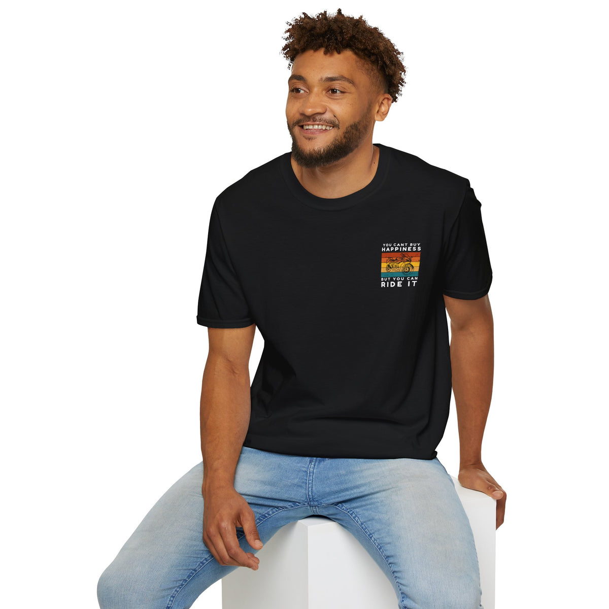 Motorbike T-shirt with You Cant Buy Happiness, But You Can Ride It' (2) (Small Logo)