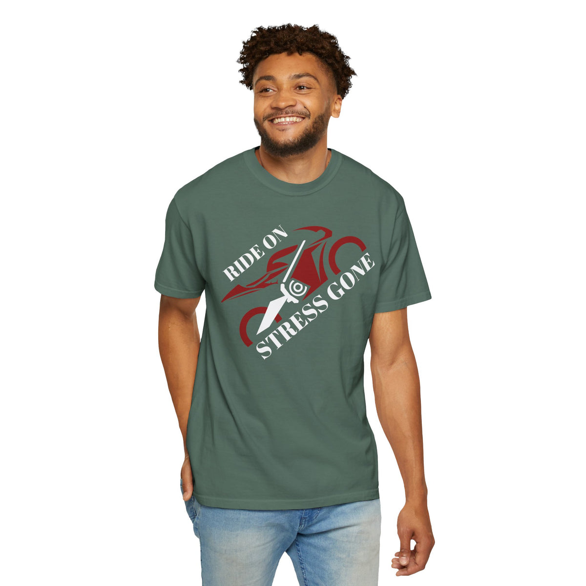 Non UK Sales Motorbike t-shirt  (Ride on, Stress gone)  R/BA