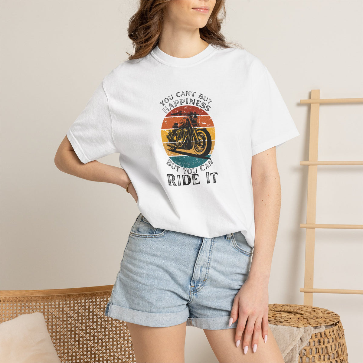 Non UK Sales Motorbike t-shirt  (You Cant Buy Happiness, But you can ride it )  B/W